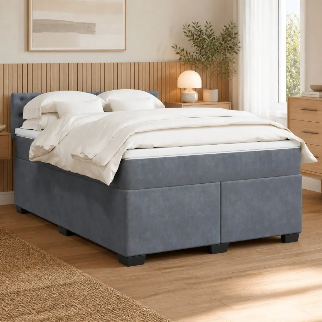 Box Spring Bed Double Grey Velvet with Pocket Mattress LED Lights USB