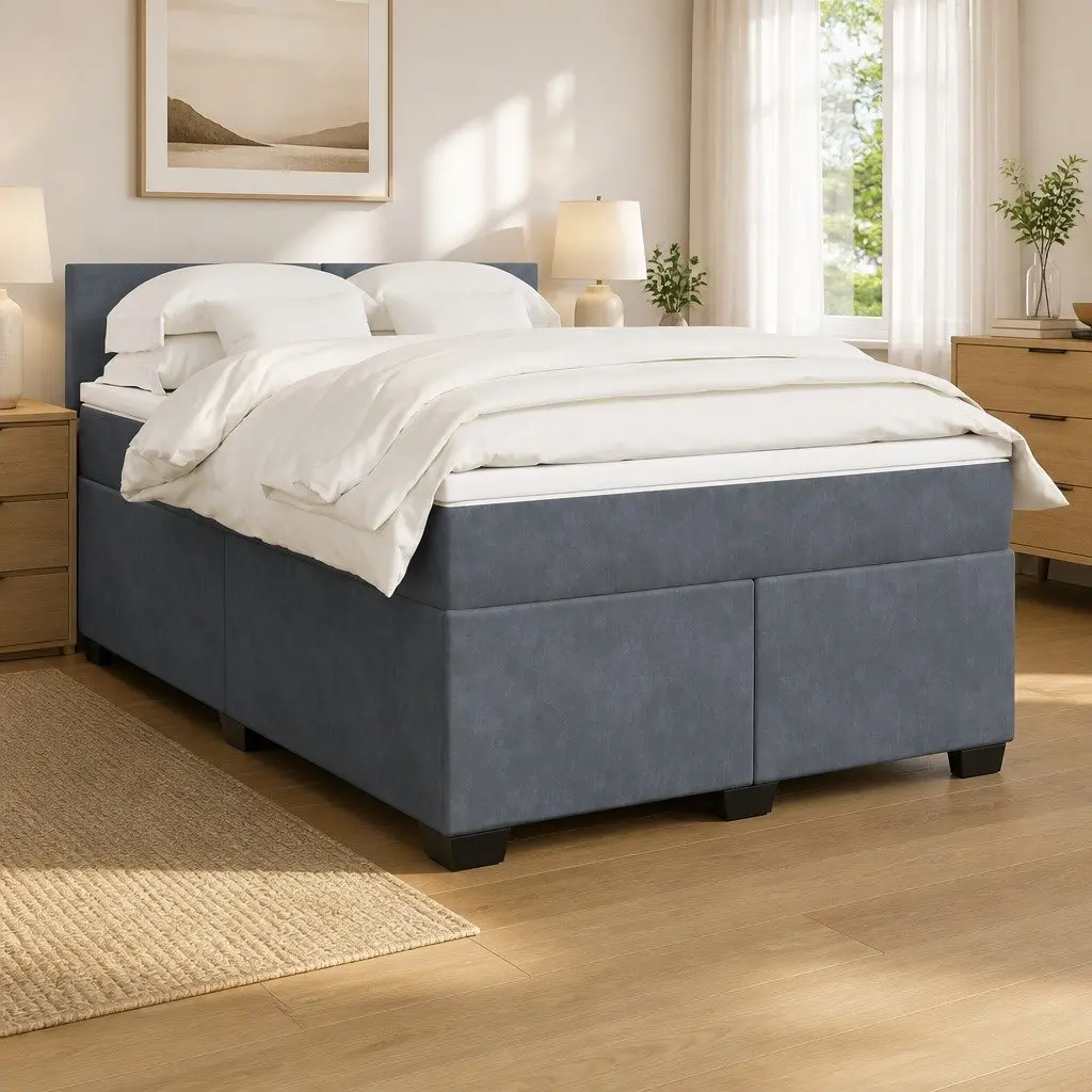 Box Spring Bed with Mattress Queen Size Dark Grey Velvet Fabric LED Lights
