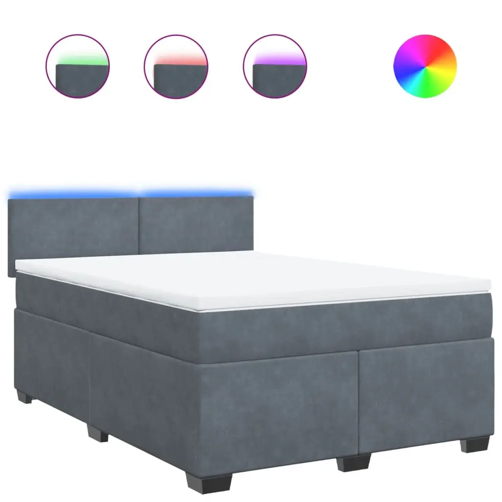 Box Spring Bed with Mattress Queen Size Dark Grey Velvet Fabric LED Lights