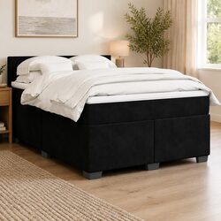 Queen Box Spring Bed: Pocket Spring Mattress, Velvet, LED Lights