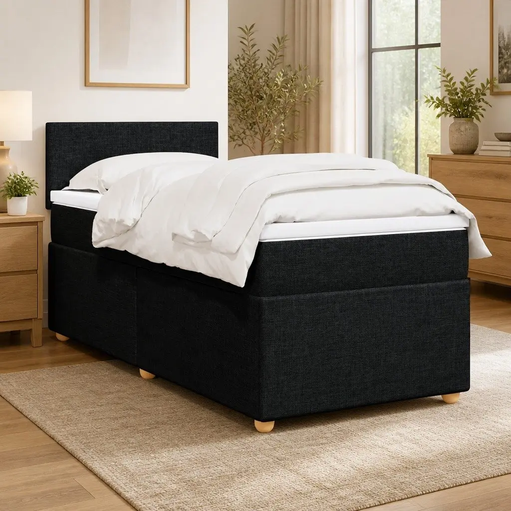 Box Spring Bed King Single with Pocket Spring Mattress and LED Lights Black Fabric