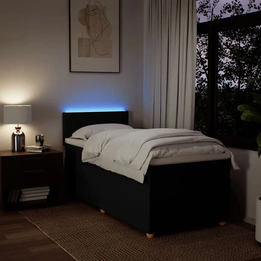 Box Spring Bed King Single with Pocket Spring Mattress and LED Lights Black Fabric