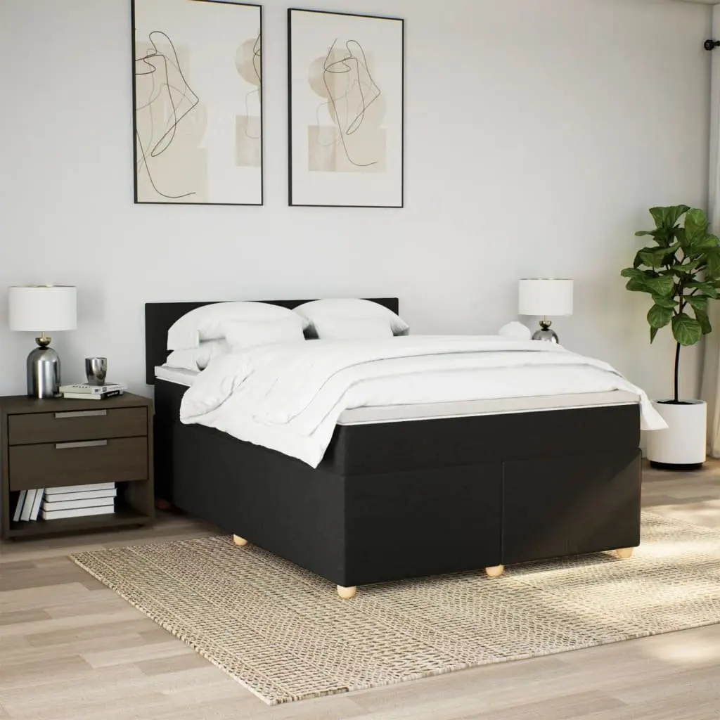Double Box Spring Bed with Pocket Spring Mattress LED Lights Black Fabric