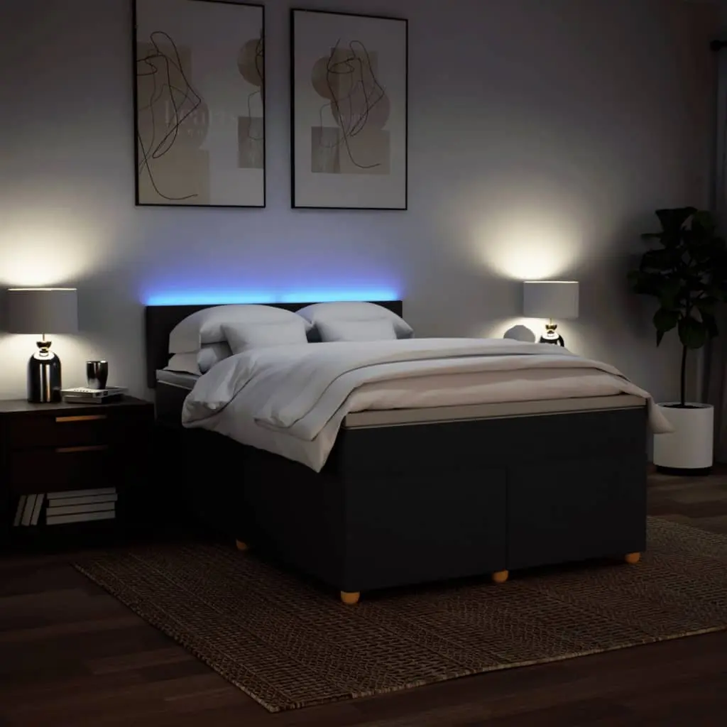 Double Box Spring Bed with Pocket Spring Mattress LED Lights Black Fabric