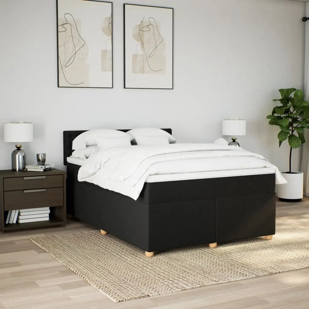 Double Box Spring Bed with Mattress Black Fabric LED Lights Pocket Spring