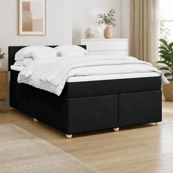 Queen Box Spring Bed with Pocket Mattress LED Lights Black Fabric Bedroom