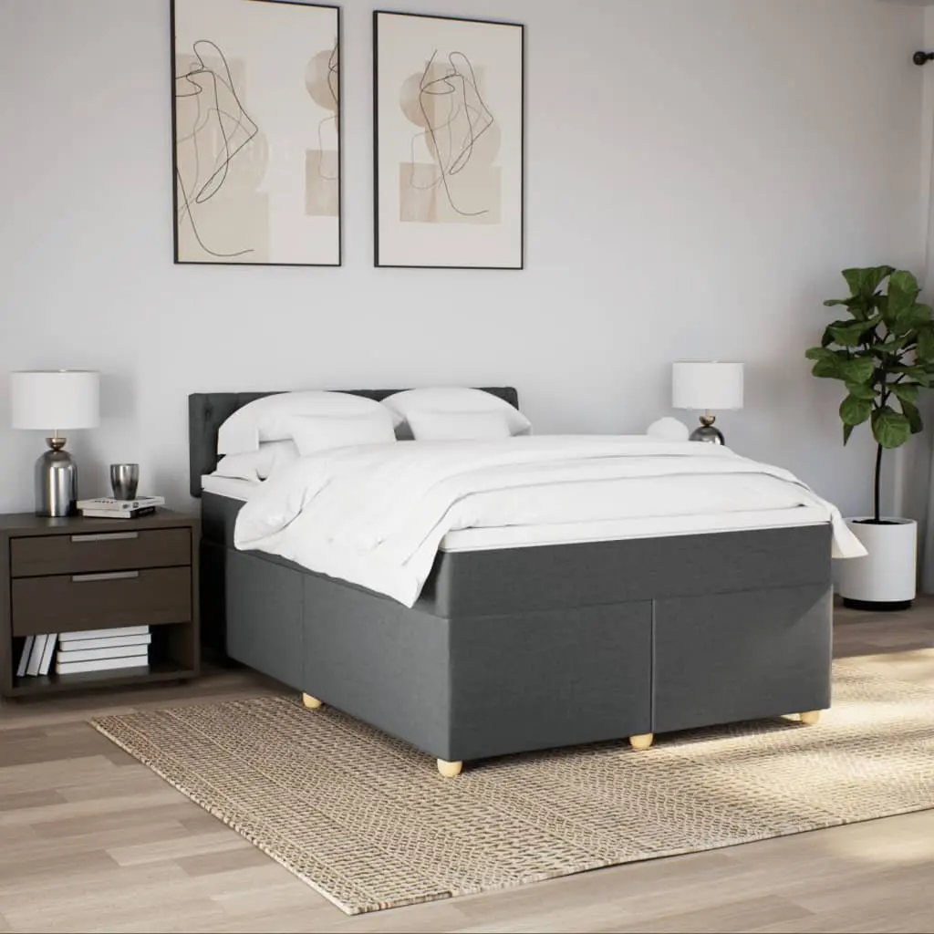 Queen Size Box Spring Bed with Mattress Dark Grey Fabric for Bedroom