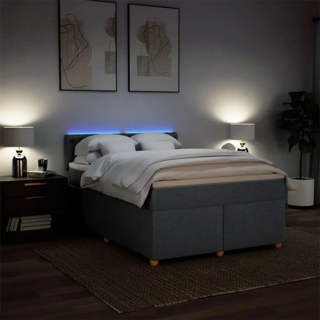 Queen Size Box Spring Bed with Mattress Dark Grey Fabric for Bedroom