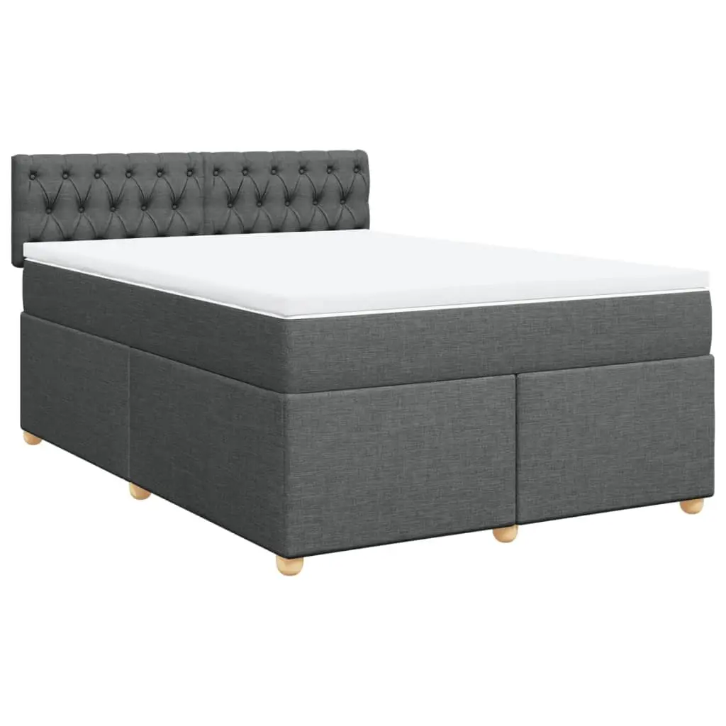 Queen Size Box Spring Bed with Mattress Dark Grey Fabric for Bedroom