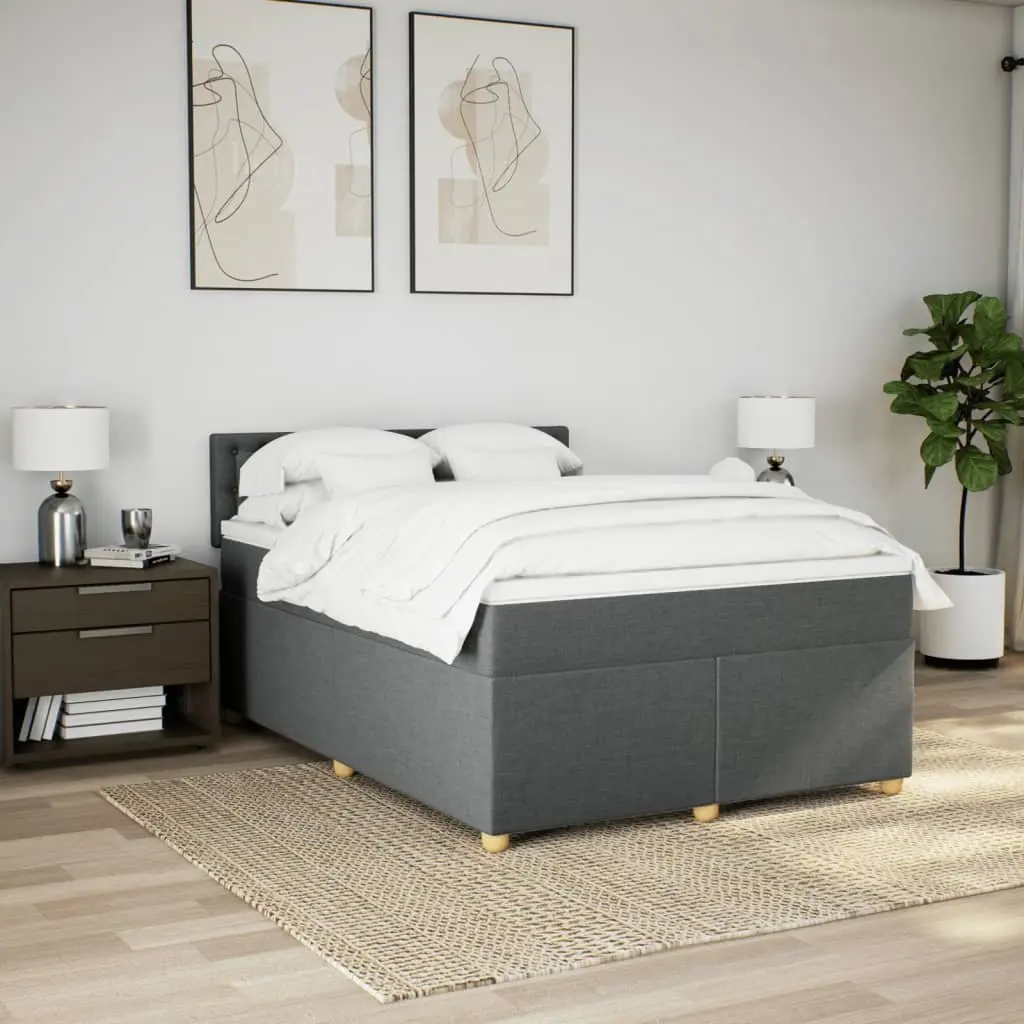 Queen Box Spring Bed with Pocket Mattress LED Lights Grey Fabric Bedroom