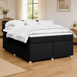 Queen Box Spring Bed with Pocket Mattress LED Lights Black Fabric Bedroom