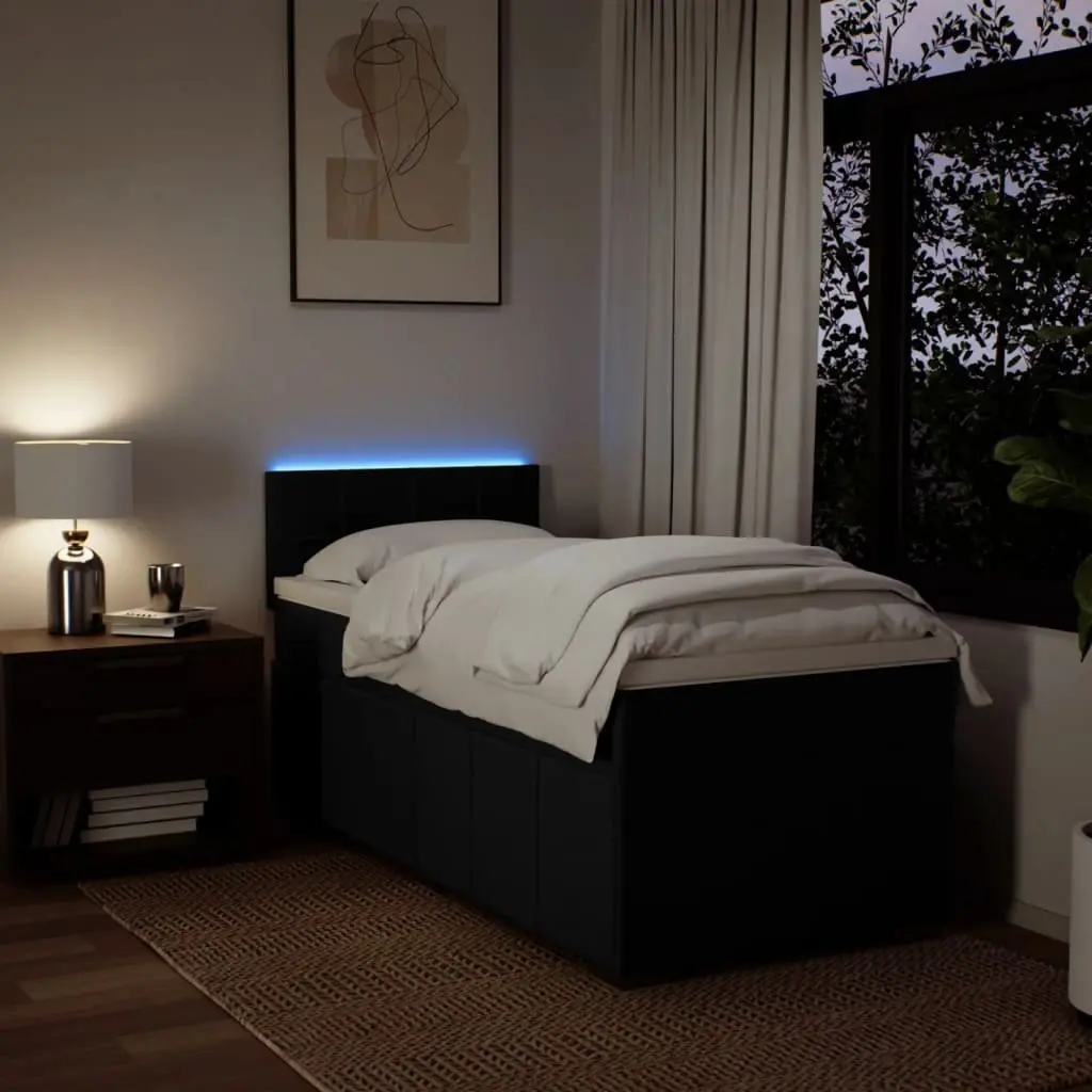 King Single Box Spring Bed with Pocket Mattress LED Lights Black Fabric