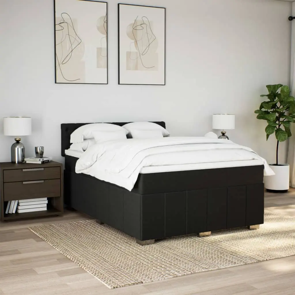 Double Box Spring Bed with Pocket Mattress LED Lights Black Fabric