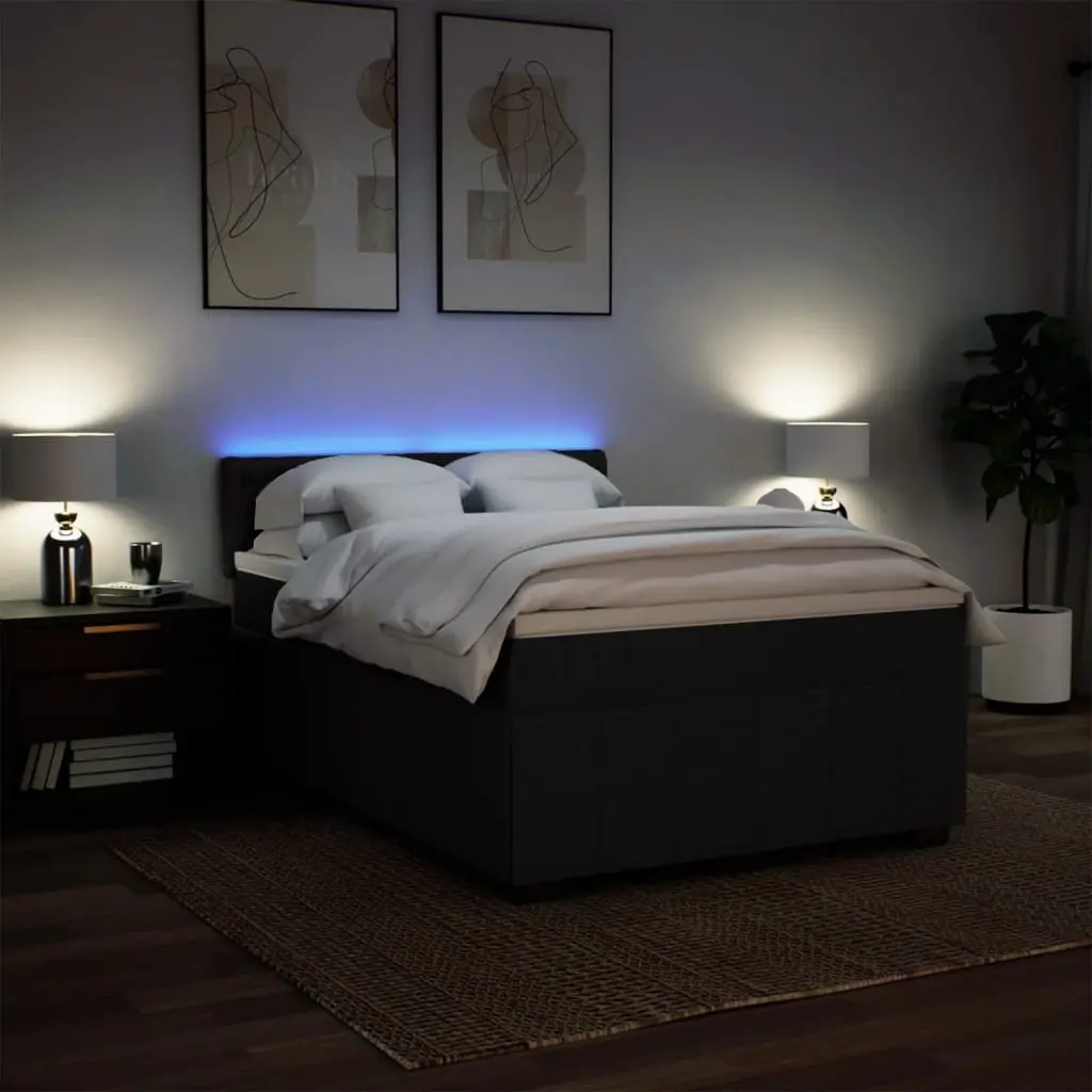 Double Box Spring Bed with Pocket Mattress LED Lights Black Fabric