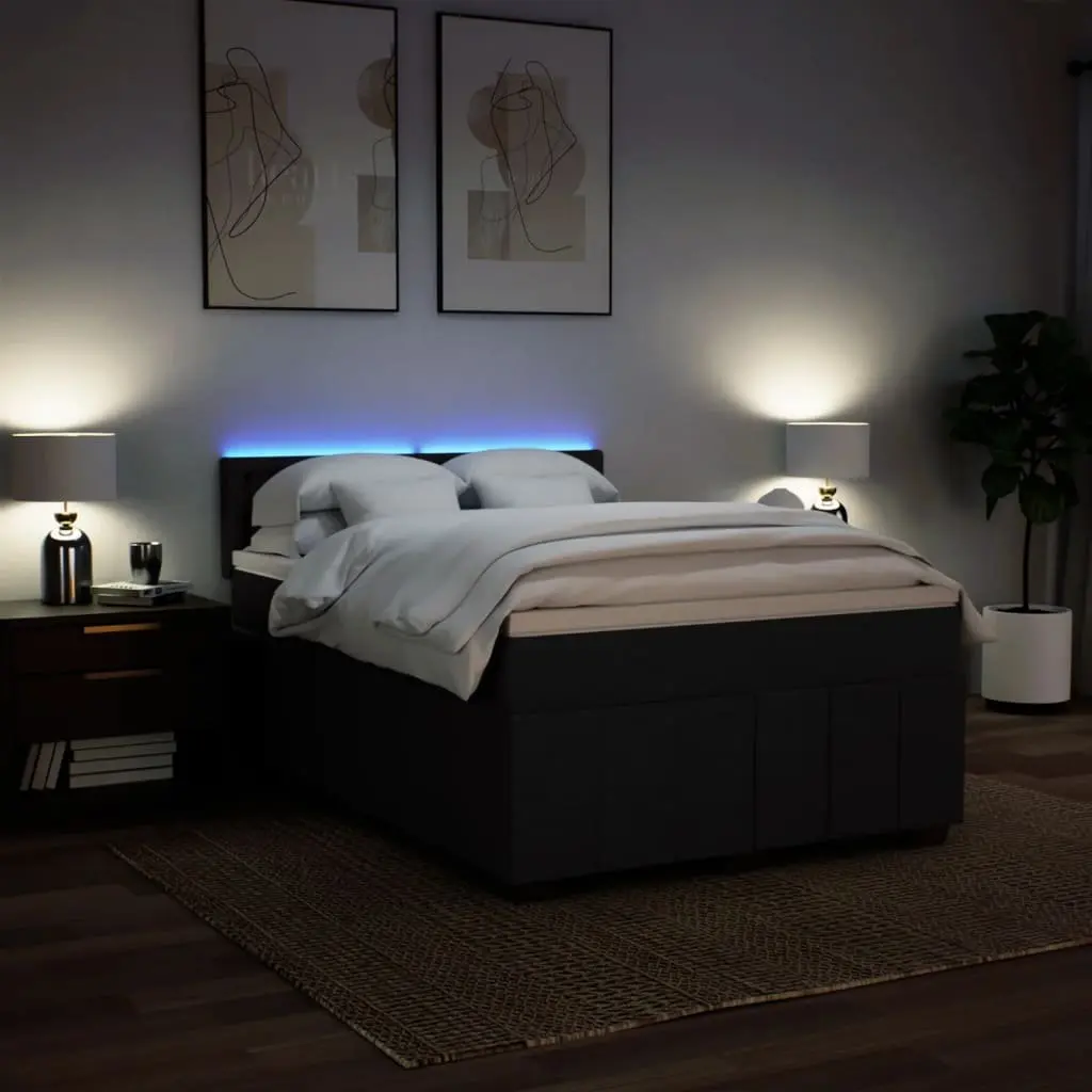 Box Spring Bed with Pocket Mattress and LED Lights for Bedroom Black Fabric