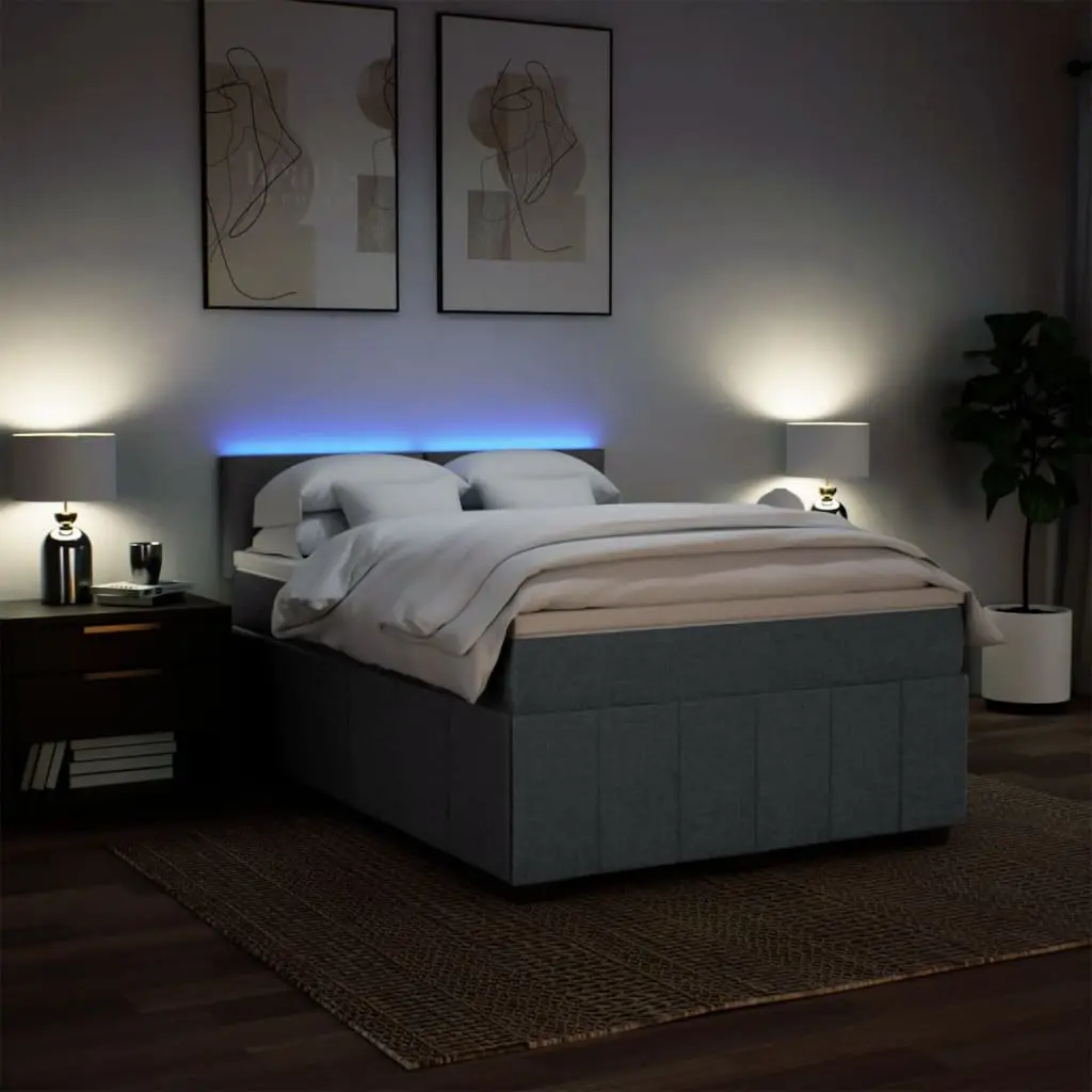 Queen Box Spring Bed with Pocket Spring Mattress LED Lights Grey Fabric Frame
