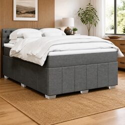 Queen Box Spring Bed with Pocket Mattress LED Lights Dark Grey Fabric Frame