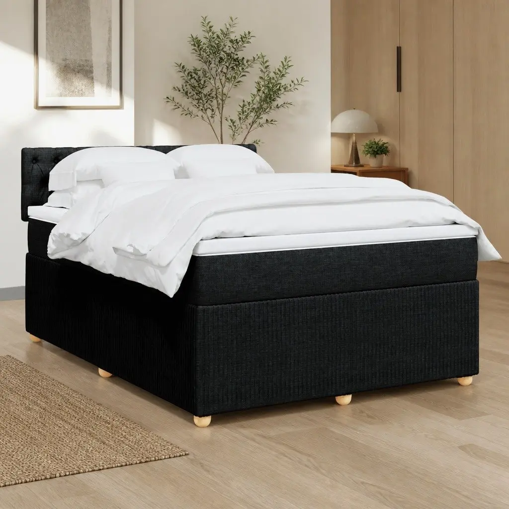 Double Box Spring Bed Double Size with Pocket Spring Mattress and LED Lights Black Fabric Frame