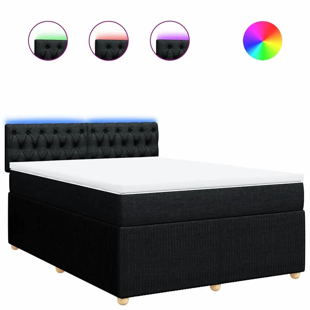 Double Box Spring Bed Double Size with Pocket Spring Mattress and LED Lights Black Fabric Frame