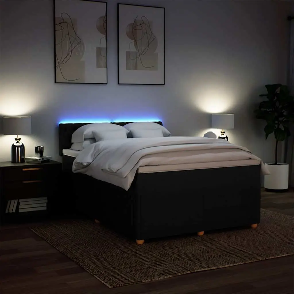 Double Box Spring Bed Double Size with Pocket Spring Mattress and LED Lights Black Fabric Frame