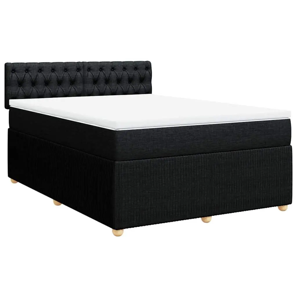 Double Box Spring Bed Double Size with Pocket Spring Mattress and LED Lights Black Fabric Frame