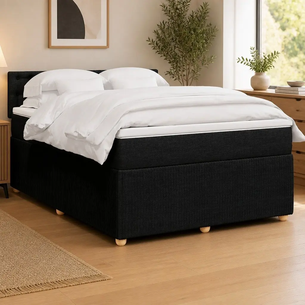 Double Box Spring Bed with Mattress for Bedroom Black Fabric Double Size