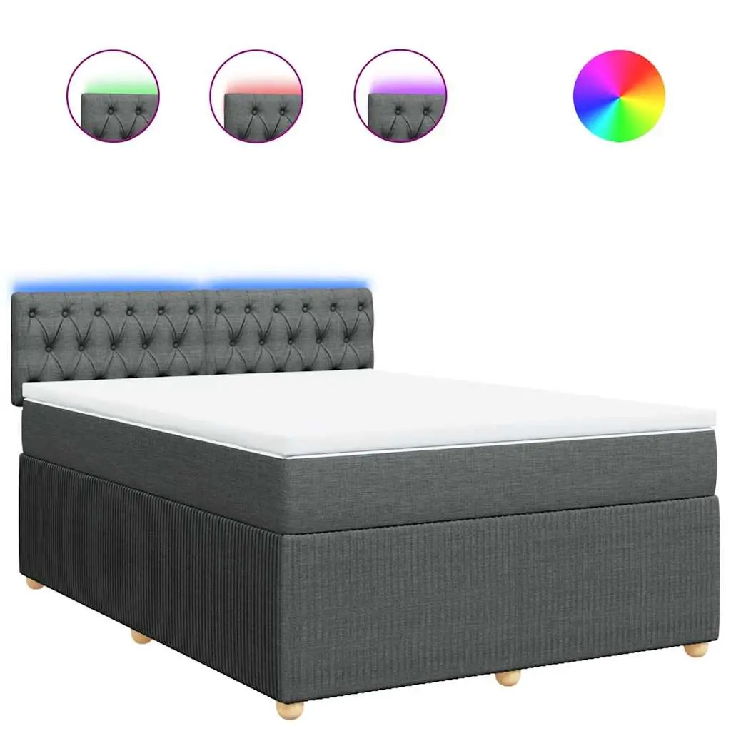 Queen Bed with Adjustable LED Lighting Pocket Spring Mattress Grey Fabric