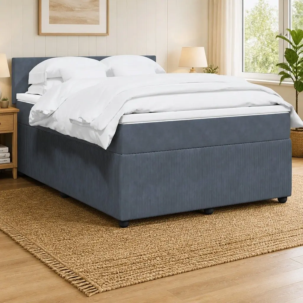 Double Box Spring Bed with Pocket Spring Mattress LED Lights Grey Velvet
