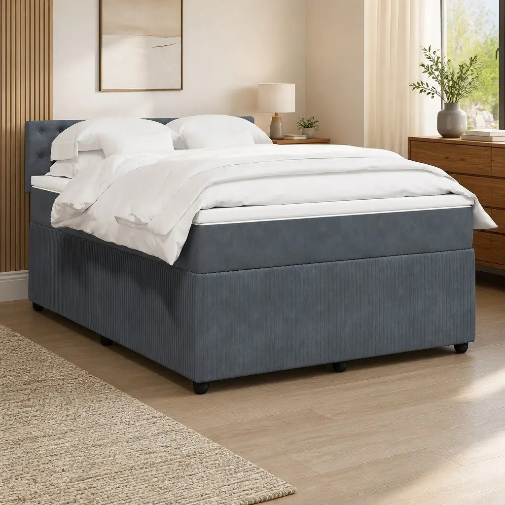 Grey Velvet Box Spring Bed with Integrated LED Lights