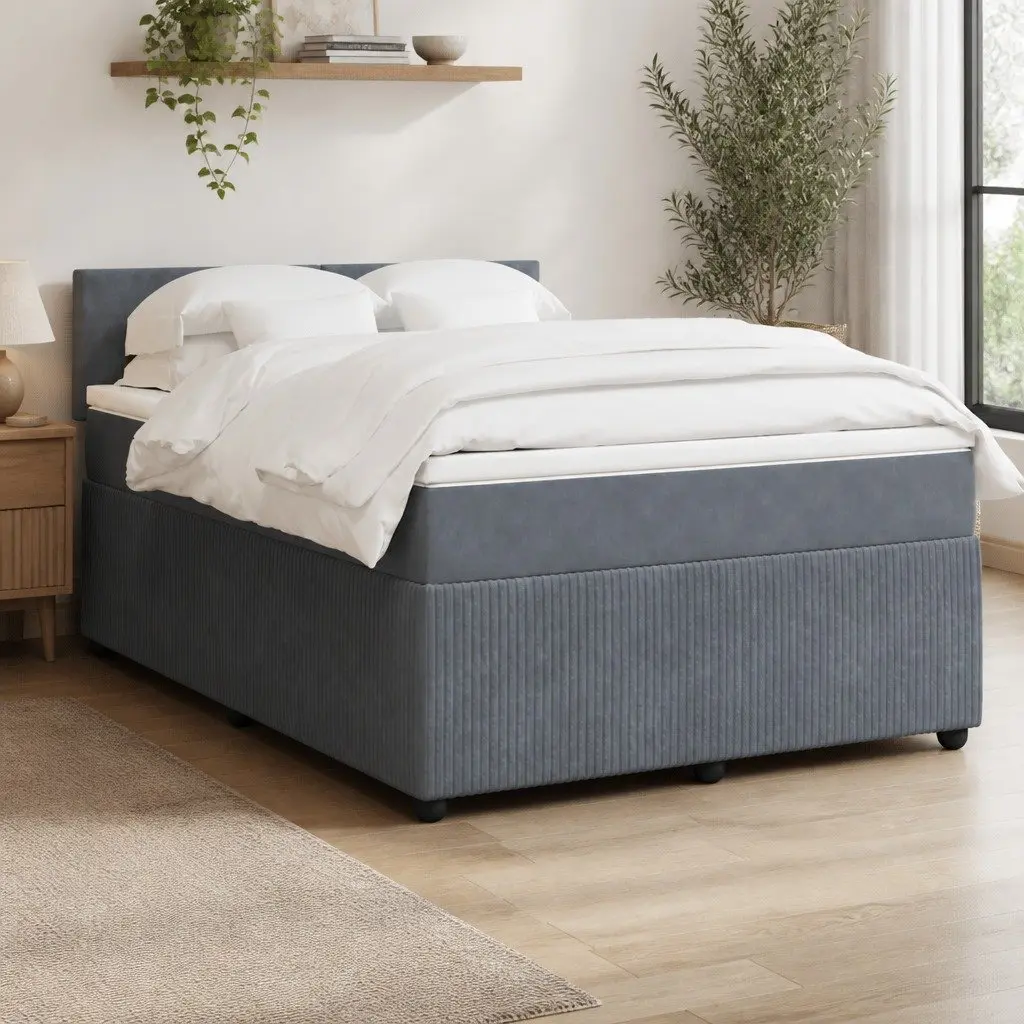 Queen Box Spring Bed with Pocket Mattress LED Lights Grey Velvet Upholstered