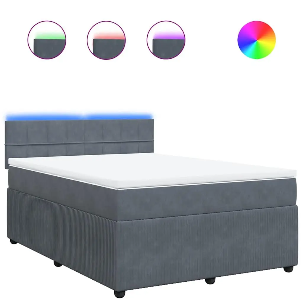 Queen Bed with Velvet Upholstery LED Lighting Pocket Spring Mattress Grey