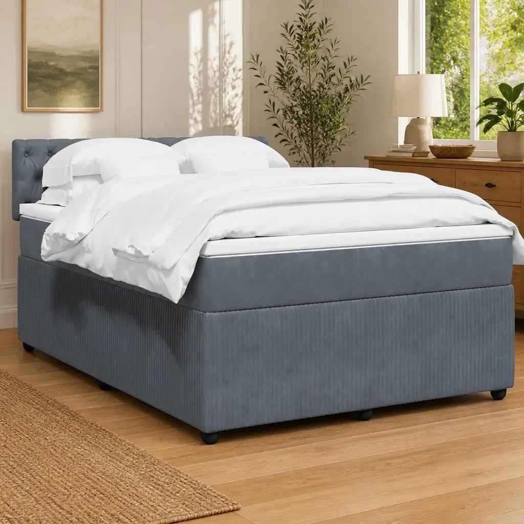 Queen Box Spring Bed with Pocket Spring Mattress LED Lights Grey Velvet
