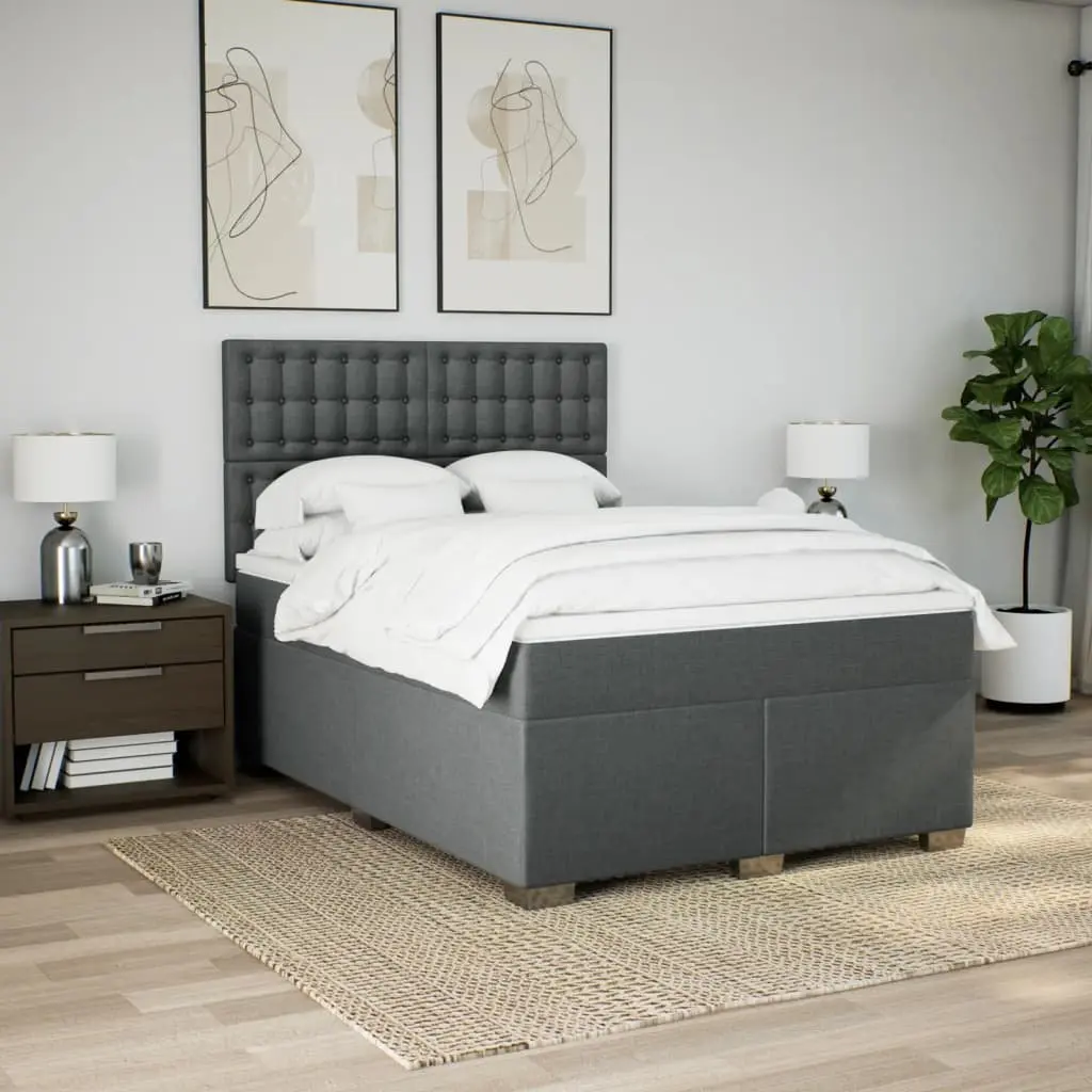 Queen Box Spring Bed with Pocket Mattress Grey Fabric Adjustable Headboard