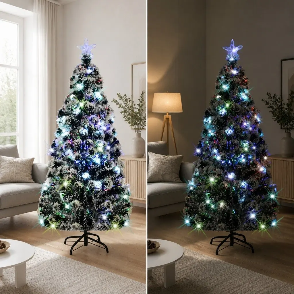 Artificial Christmas Tree for Home 210cm Green with White Branches LED and Fibre Optic Lights