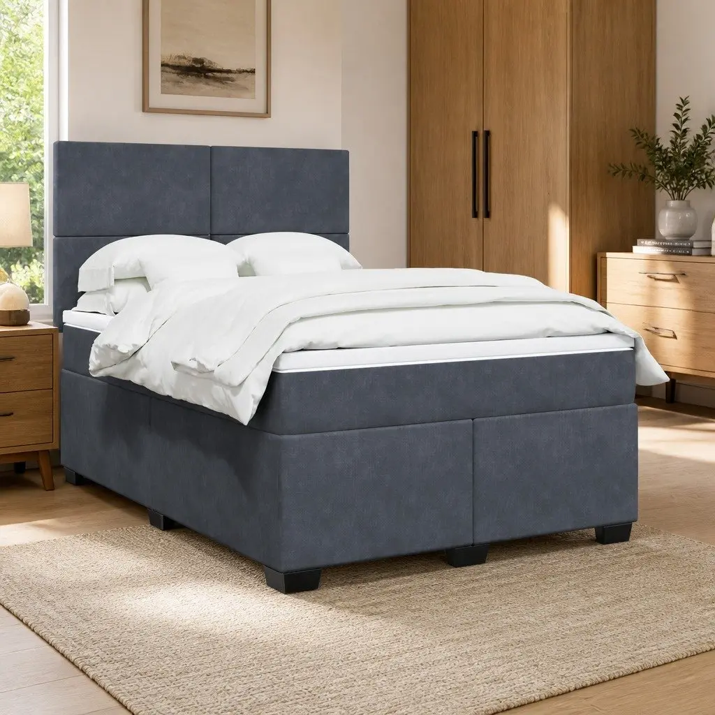 Queen Box Spring Bed with Pocket Mattress Height Adjustable Headboard Grey