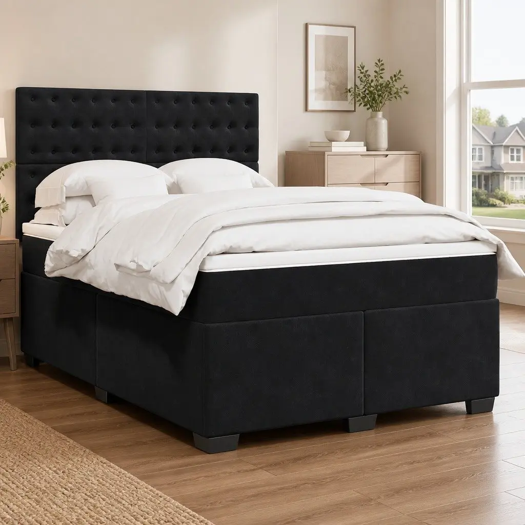 Queen Box Spring Bed for Bedroom with Pocket Spring Mattress Black Velvet Adjustable Headboard