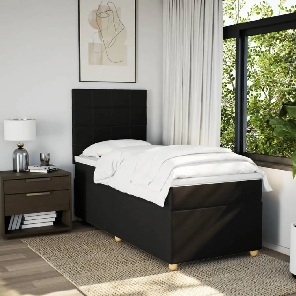 King Single Box Spring Bed with Pocket Mattress Black Fabric Headboard