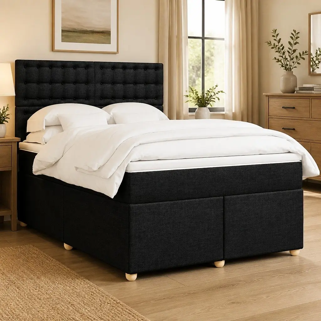 Double Box Spring Bed with Pocket Mattress, Black Finish