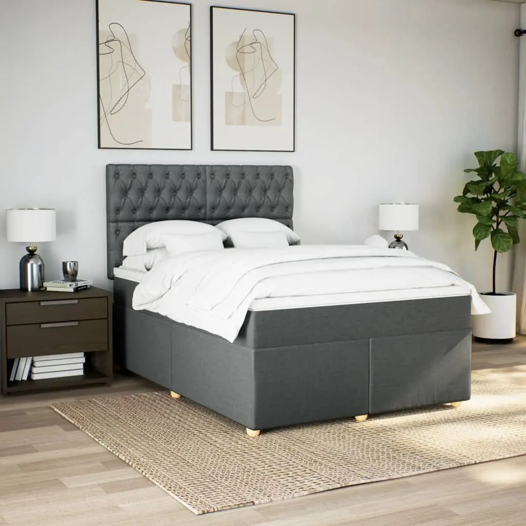 Queen Box Spring Bed Frame with Mattress Dark Grey Fabric Bedroom Furniture