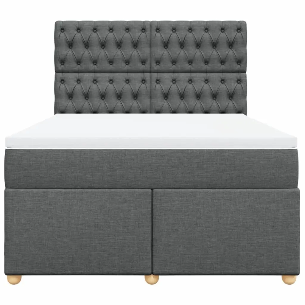 Queen Box Spring Bed Frame with Mattress Dark Grey Fabric Bedroom Furniture