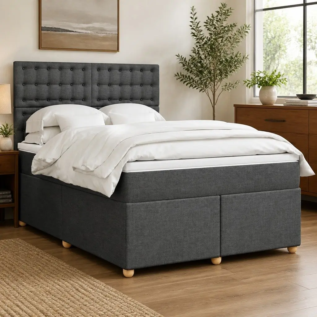 Queen Box Spring Bed with Mattress Dark Grey Fabric Bedroom Furniture