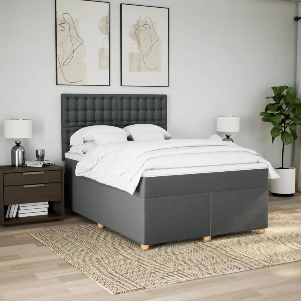 Queen Box Spring Bed with Mattress Dark Grey Fabric Bedroom Furniture