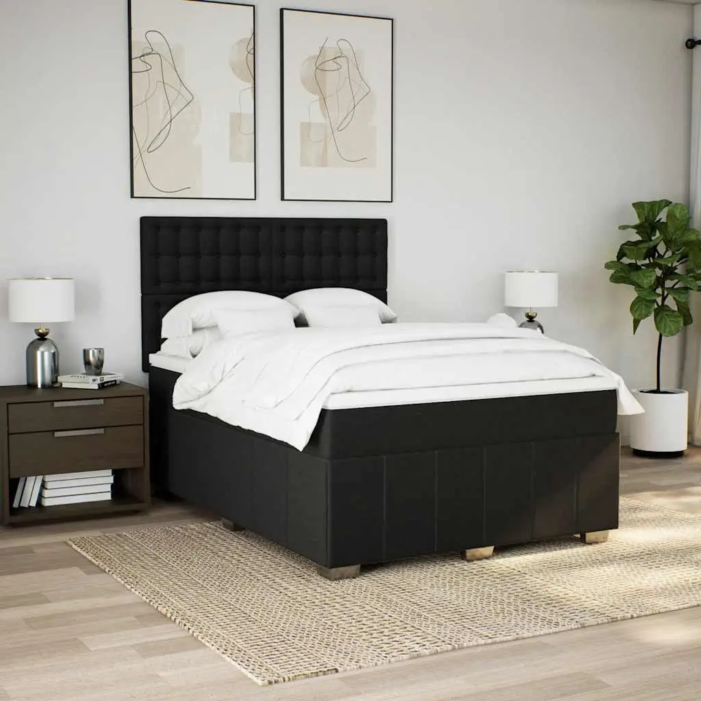 Double Box Spring Bed with Pocket Mattress Black Fabric Adjustable Headboard