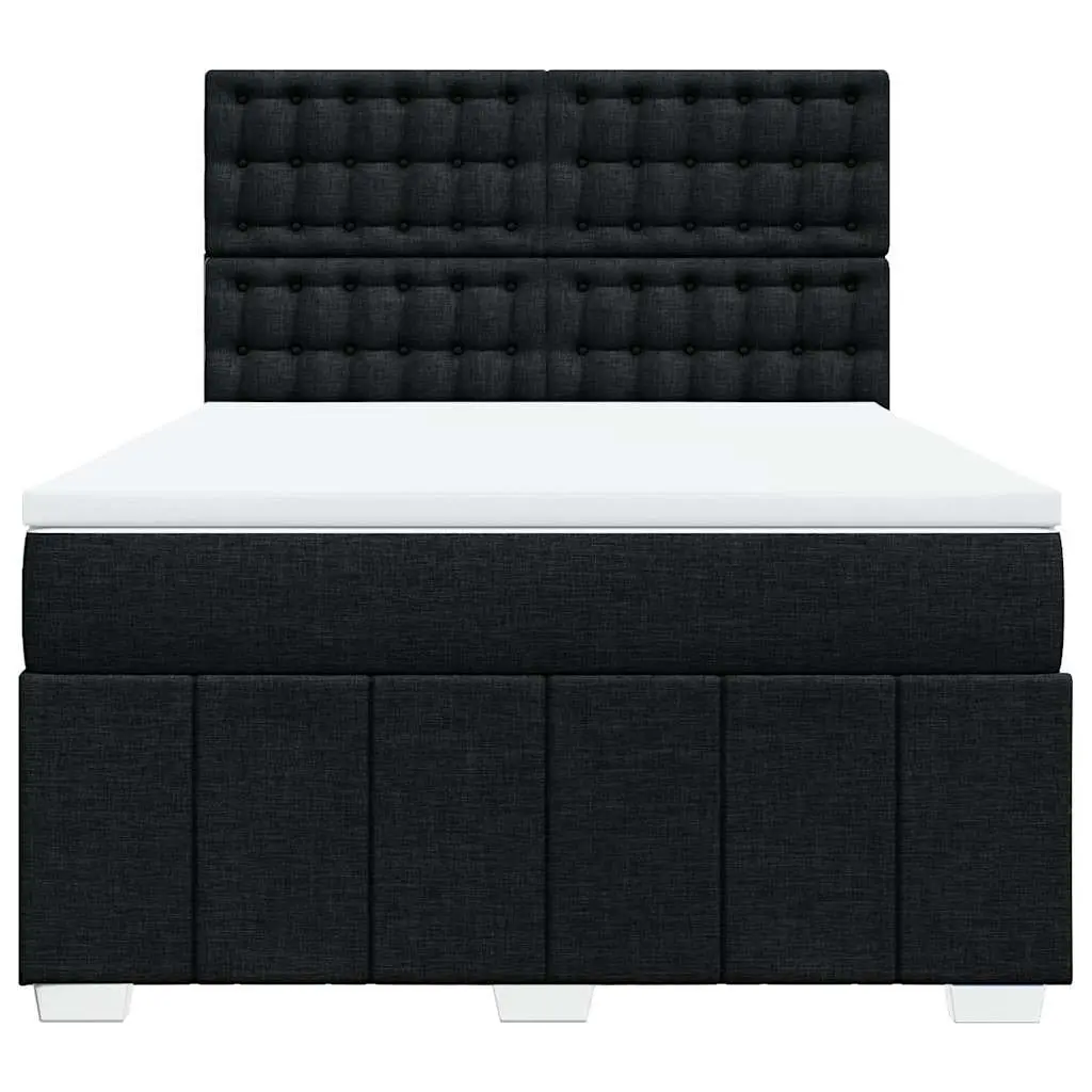 Double Box Spring Bed with Pocket Mattress Black Fabric Adjustable Headboard