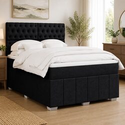 Queen Box Spring Bed with Pocket Mattress Height-Adjustable Headboard Black