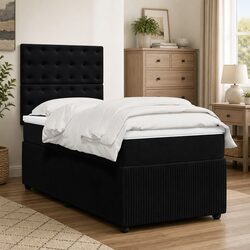 Box Spring Bed with Pocket Spring Mattress King Single Black Velvet Headboard