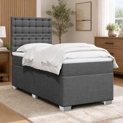 Box Spring Bed King Single with Pocket Sprung Mattress Grey Fabric LED Headboard