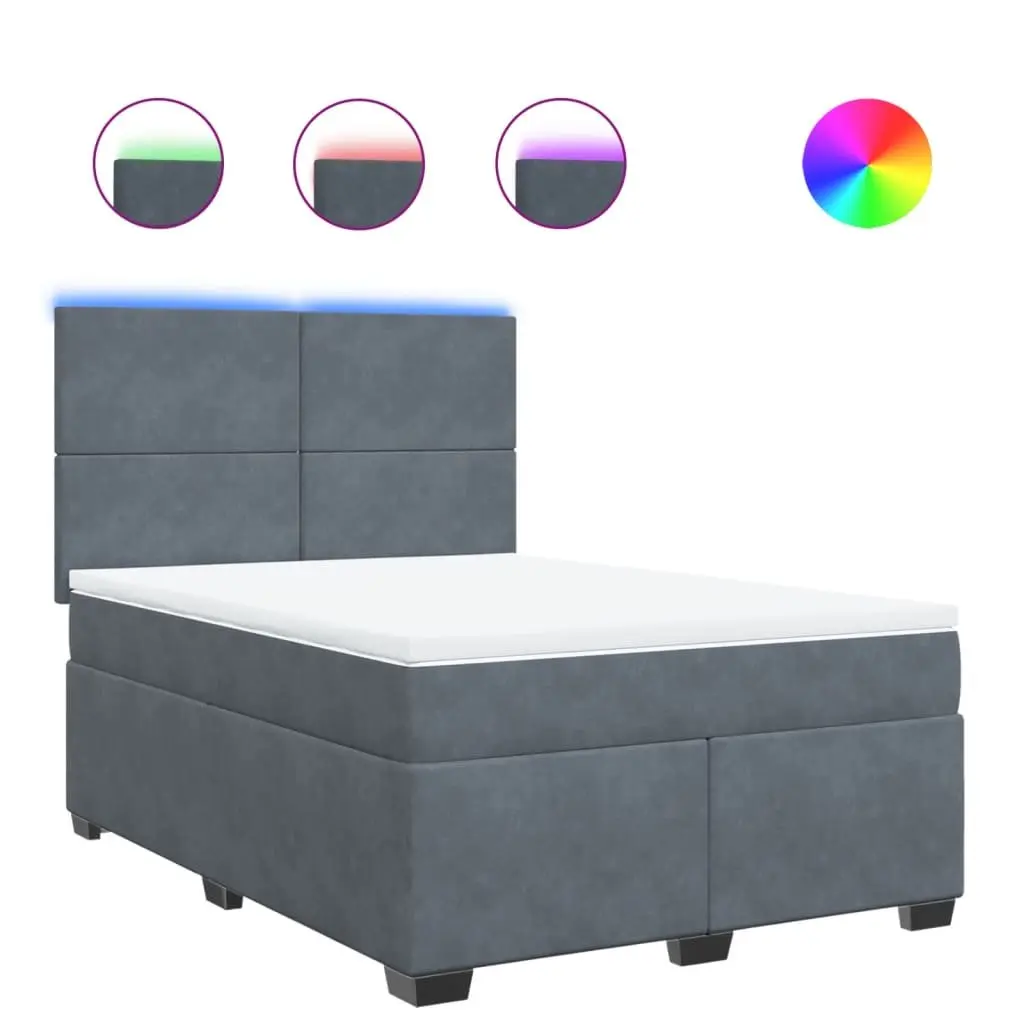 Queen Box Spring Bed with Pocket Spring Mattress and LED Lights Grey Velvet