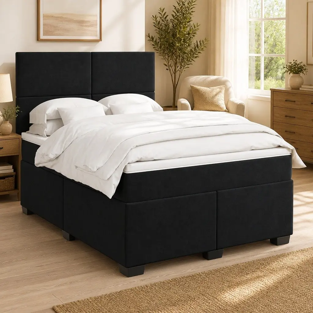 Queen Size Black Box Spring Bed with Pocket Spring Mattress