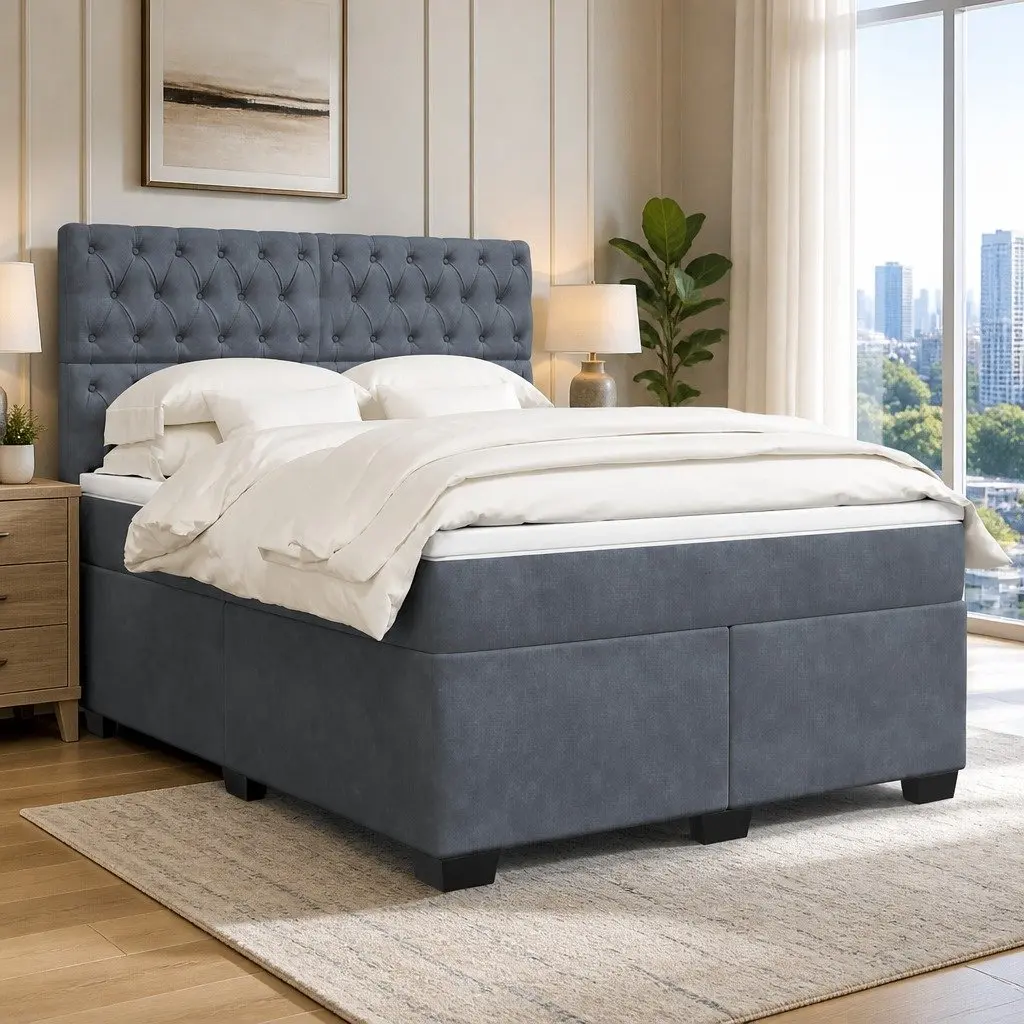 Queen Box Spring Bed with Velvet Upholstery & Pocket Springs